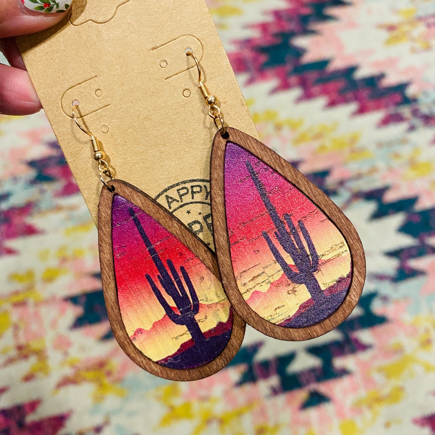 Desert Cactus Large wood Teardrop Earrings
