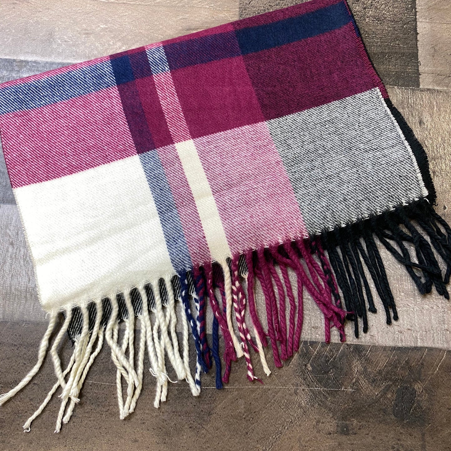 Magenta Plaid Fringe Scarf
