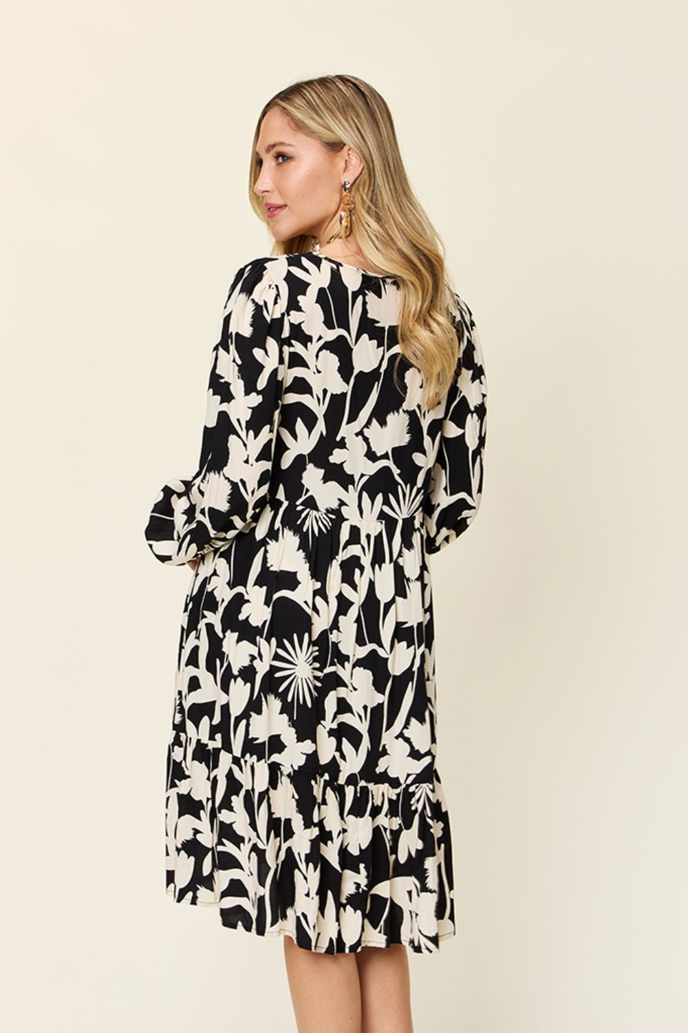 Double Take Full Size Printed Ruffle Hem Long Sleeve Dress