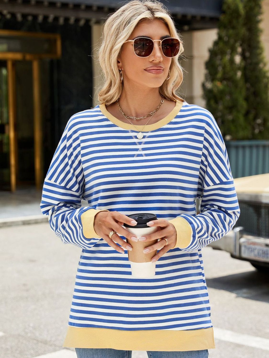 Slit Striped Round Neck Long Sleeve Sweatshirt - more colors!