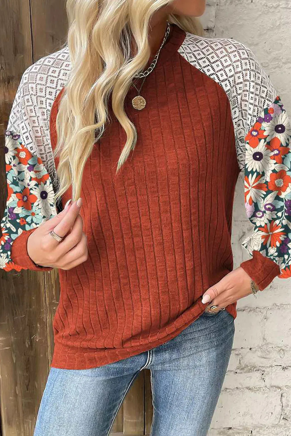 Printed Round Neck Lace Long Sleeve Top