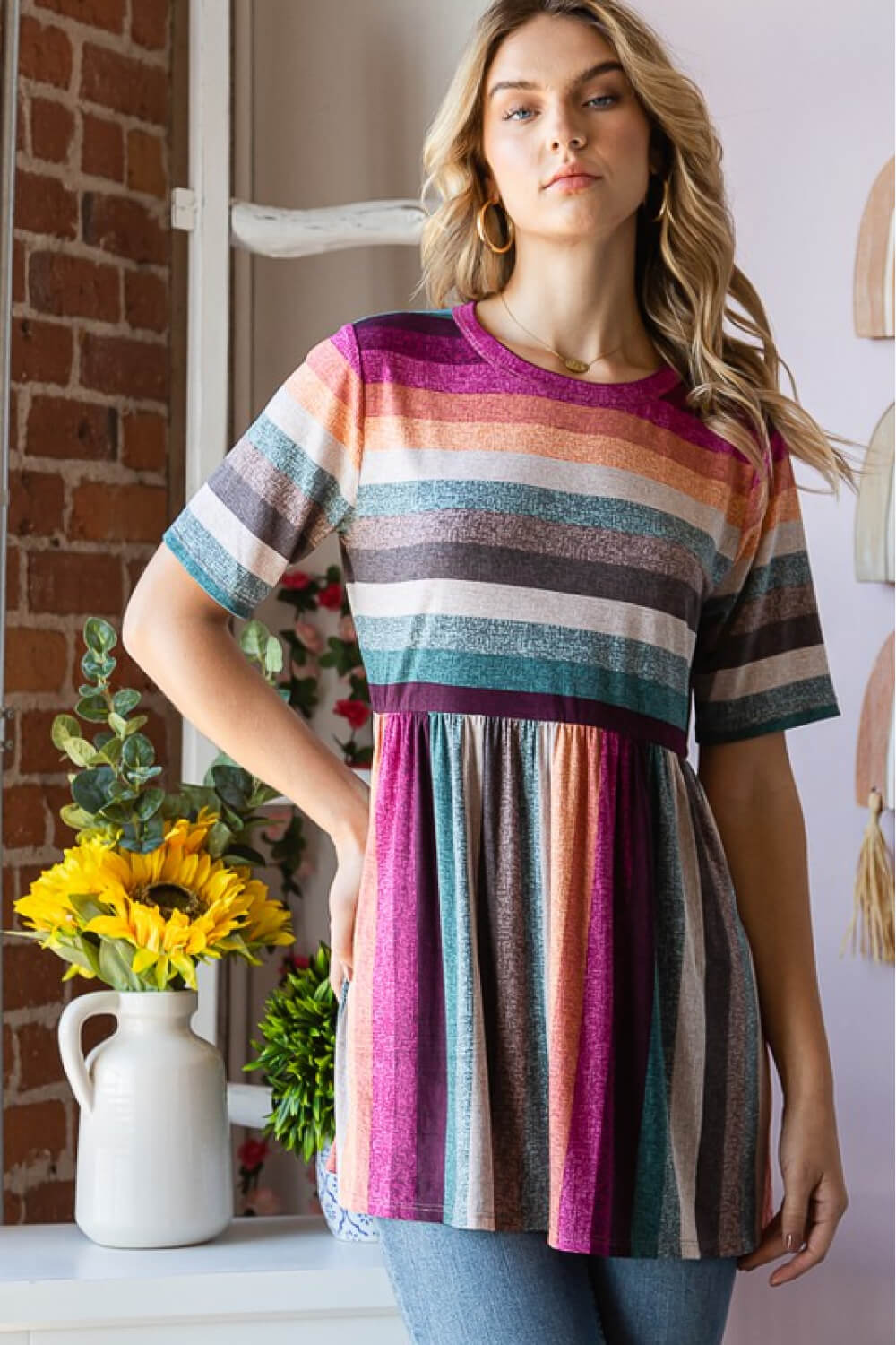 Heimish Full Size Striped Round Neck Babydoll Tee in Fuchsia Multi