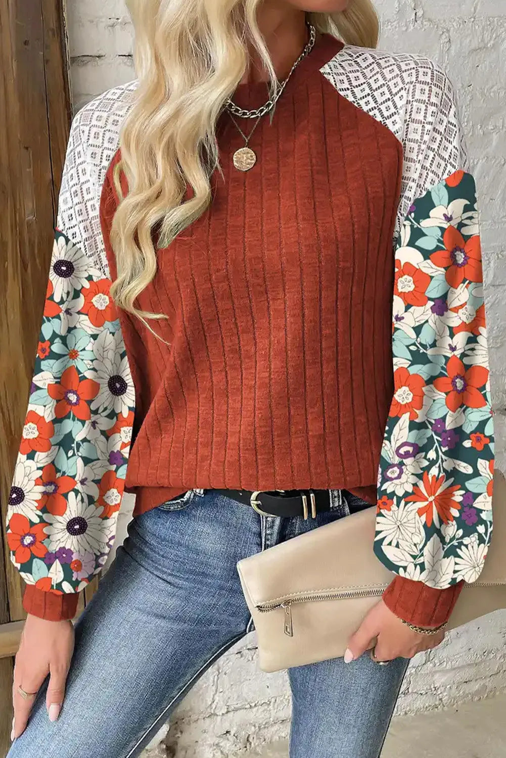 Printed Round Neck Lace Long Sleeve Top