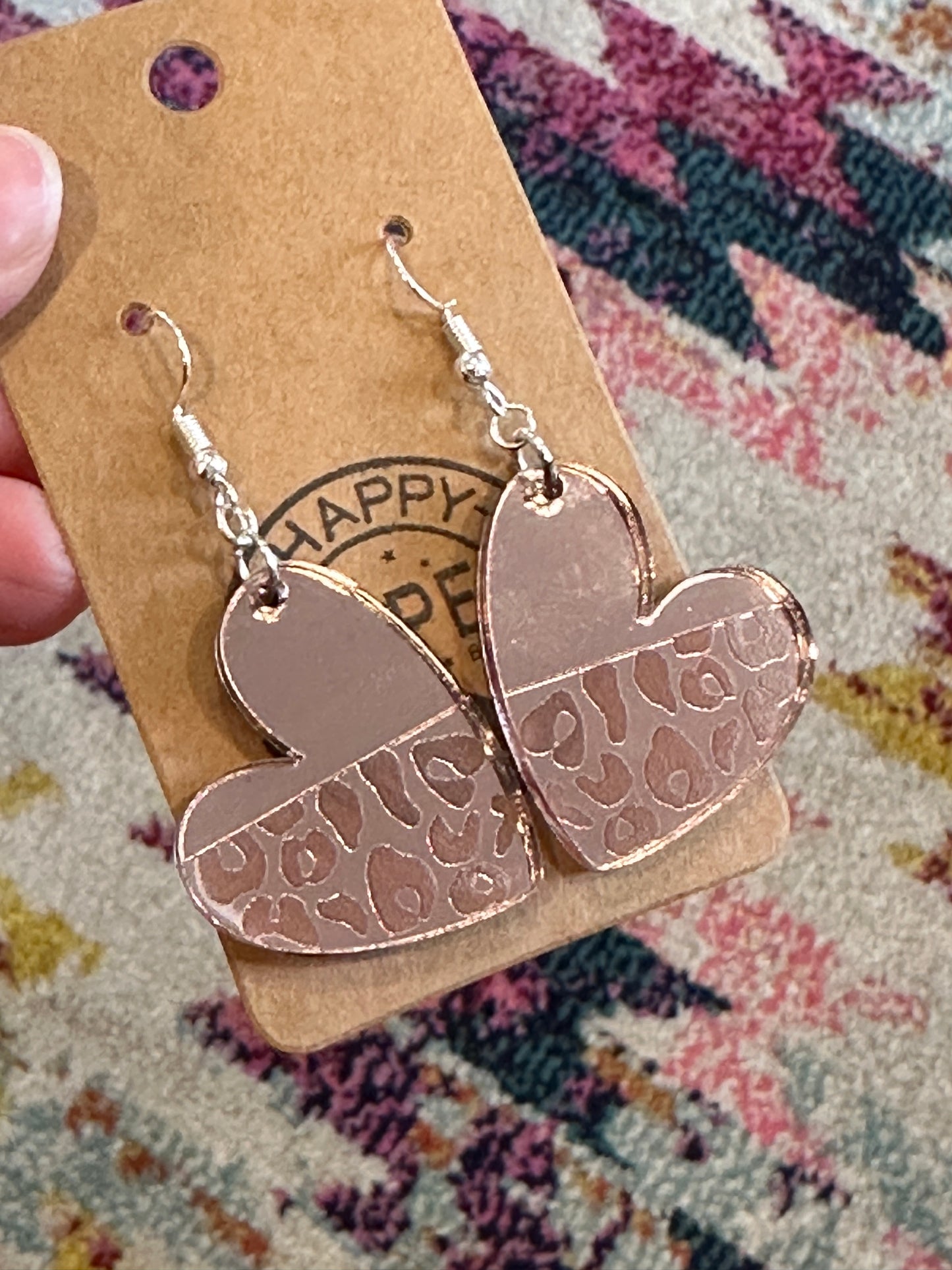 Rose gold half leopard heart dangle earrings