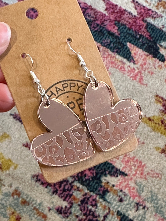 Rose gold half leopard heart dangle earrings