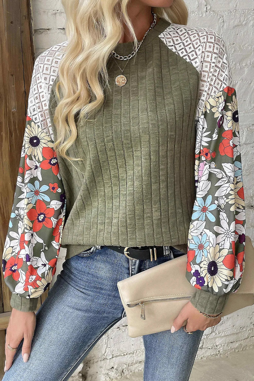 Printed Round Neck Lace Long Sleeve Top