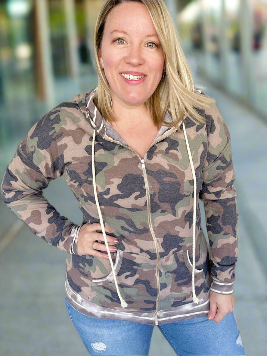 Camo Zip Up Lightweight Hoodie - PLUS