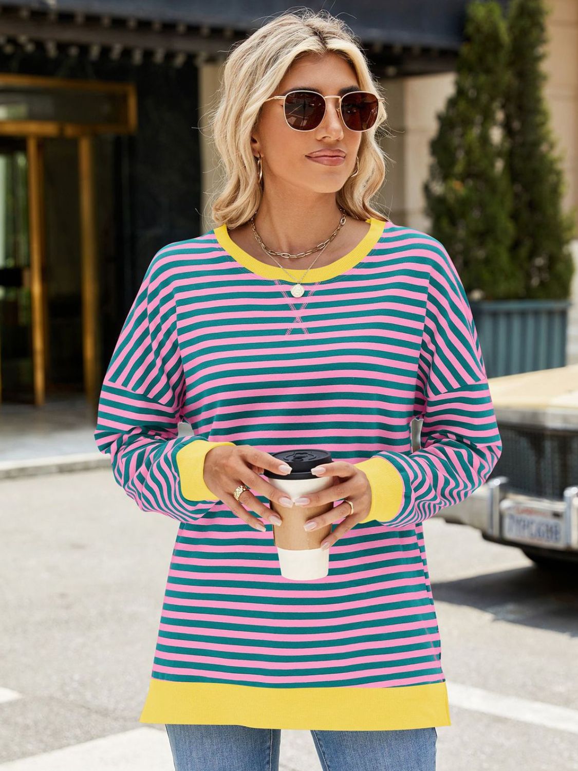 Slit Striped Round Neck Long Sleeve Sweatshirt - more colors!