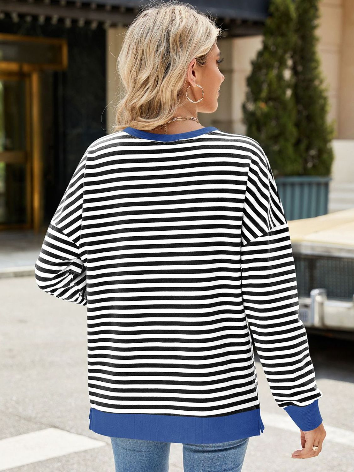 Slit Striped Round Neck Long Sleeve Sweatshirt - more colors!