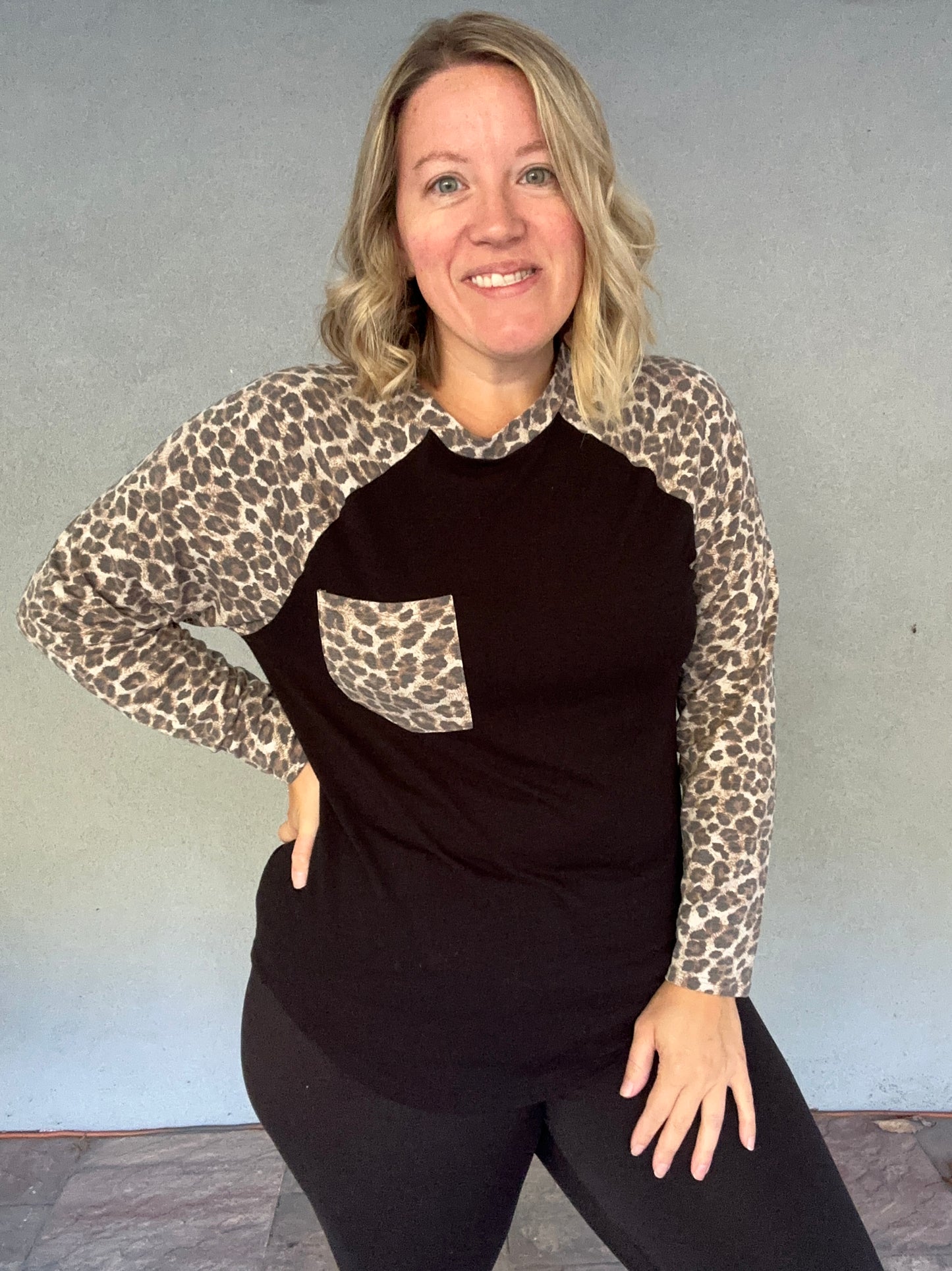 Leopard Raglan Sleeve Top - Black