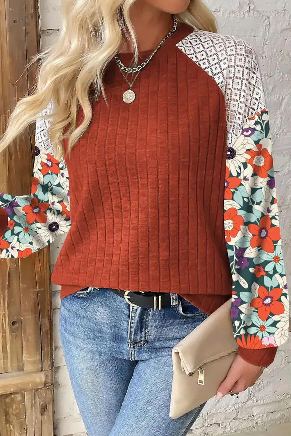 Printed Round Neck Lace Long Sleeve Top