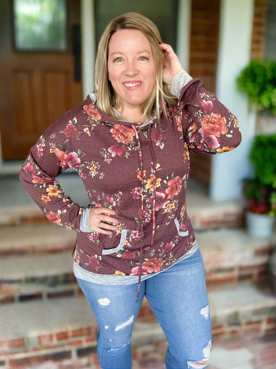 Burgundy Floral Lightweight Hoodie - PLUS