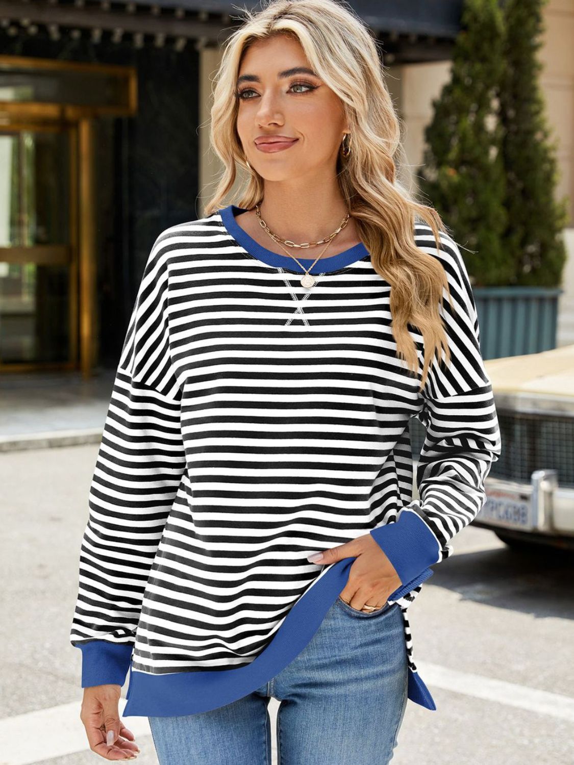 Slit Striped Round Neck Long Sleeve Sweatshirt - more colors!