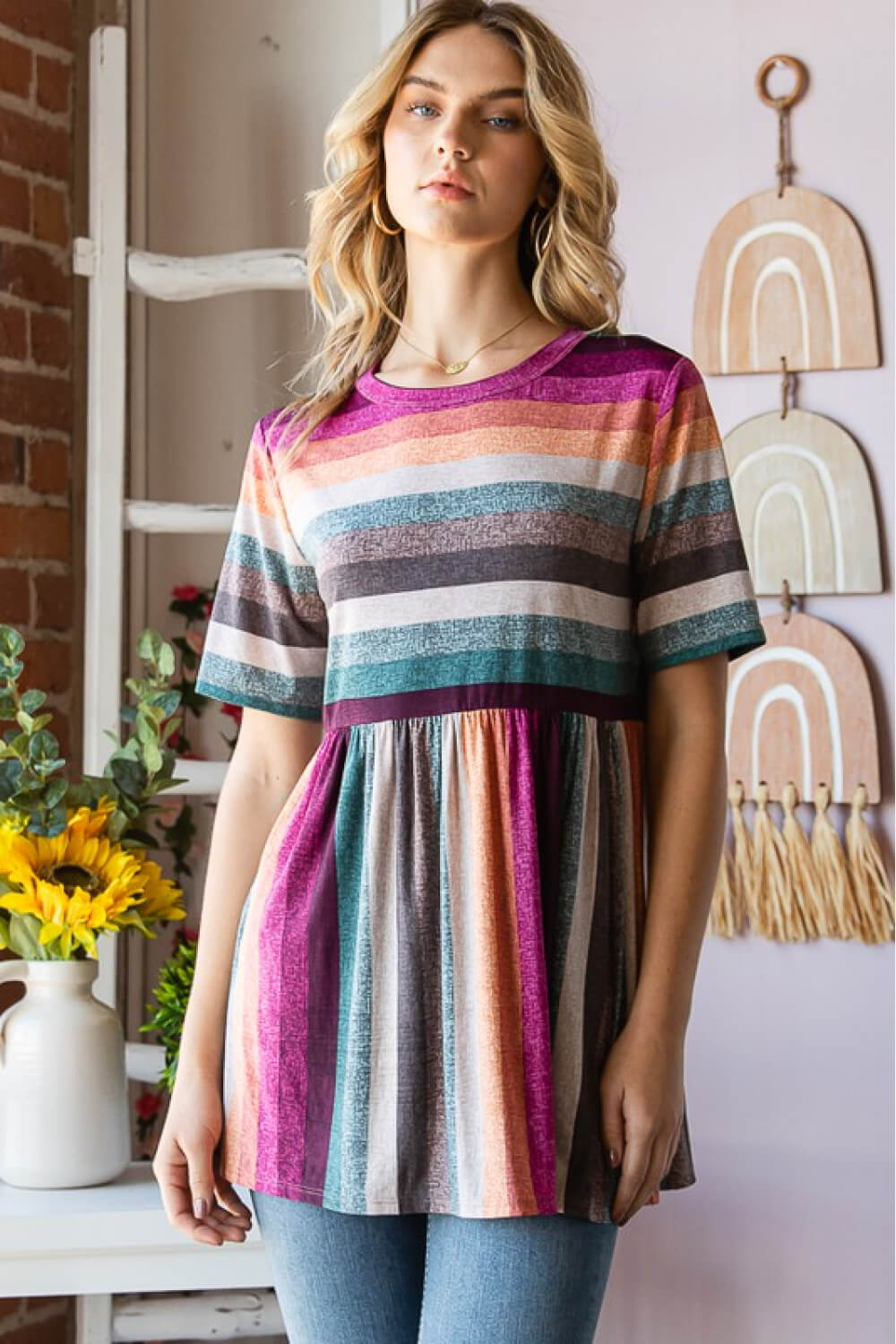 Heimish Full Size Striped Round Neck Babydoll Tee in Fuchsia Multi