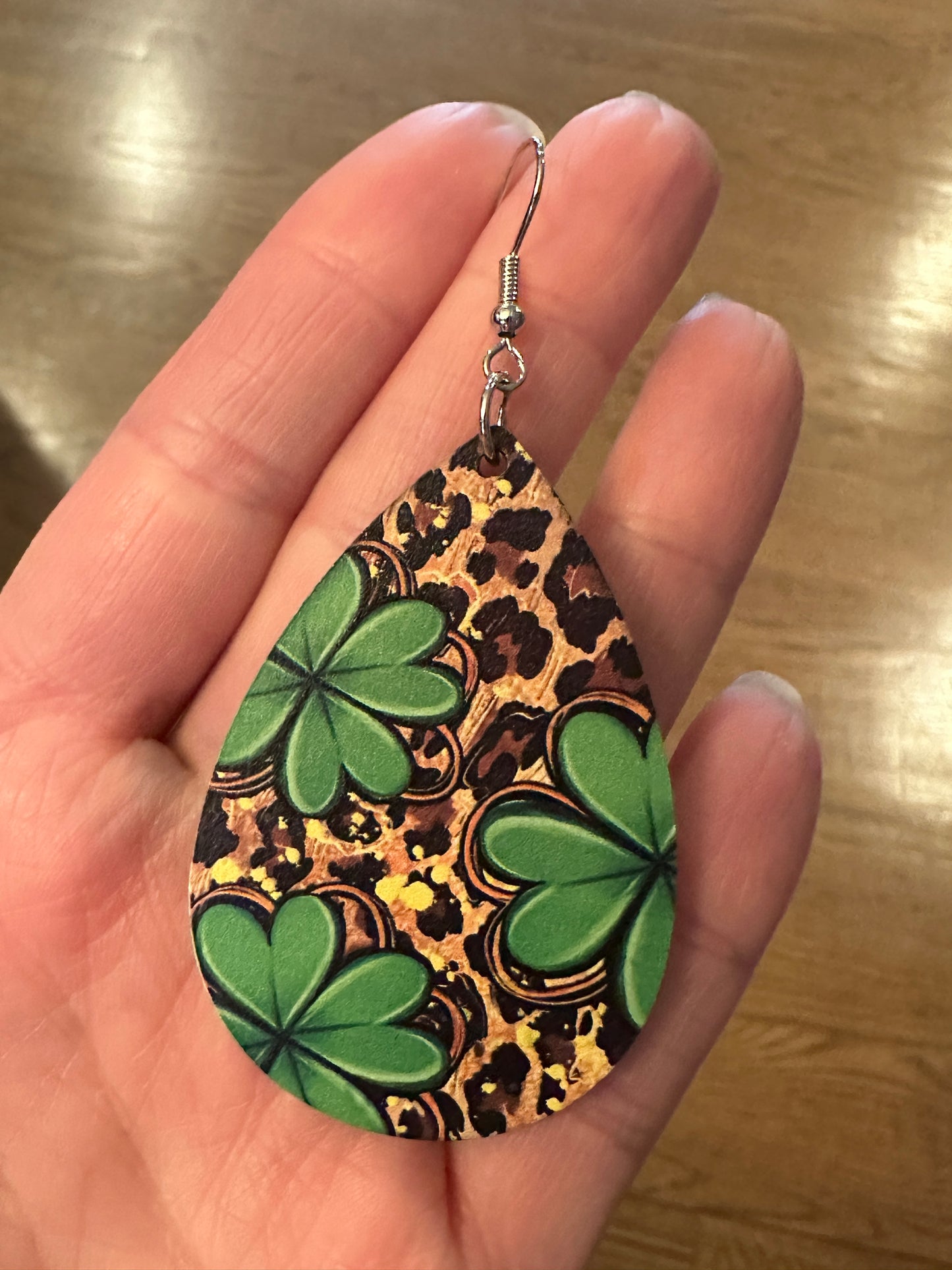 Leopard Shamrock Wooden Teardrop Earrings