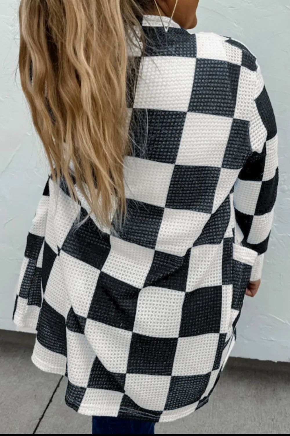 Checkered Open Front Long Sleeve Cardigan