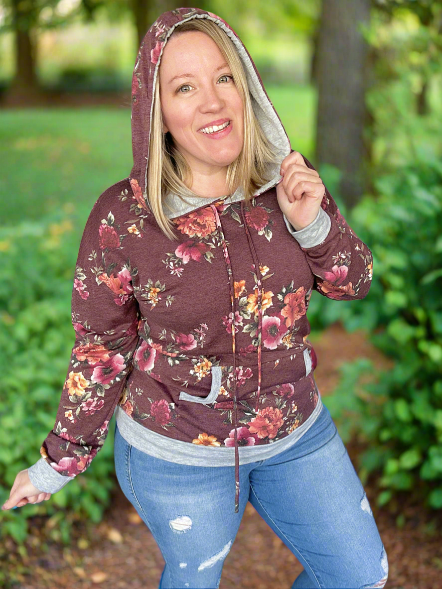 Burgundy Floral Lightweight Hoodie - PLUS