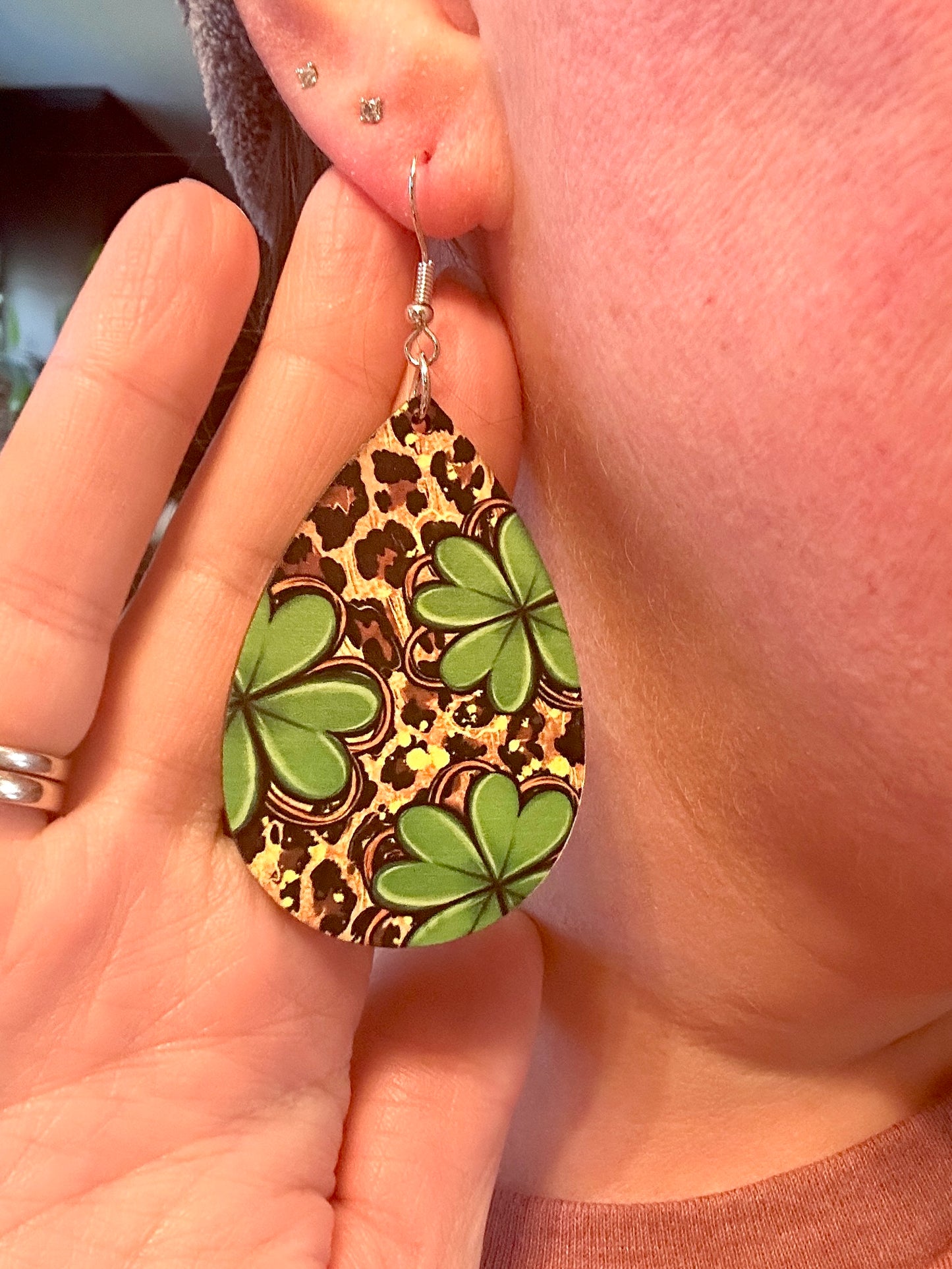 Leopard Shamrock Wooden Teardrop Earrings