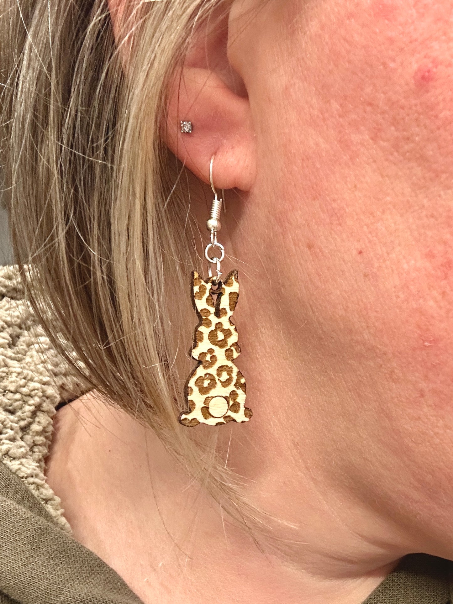 Wood Leopard Bunny Earrings