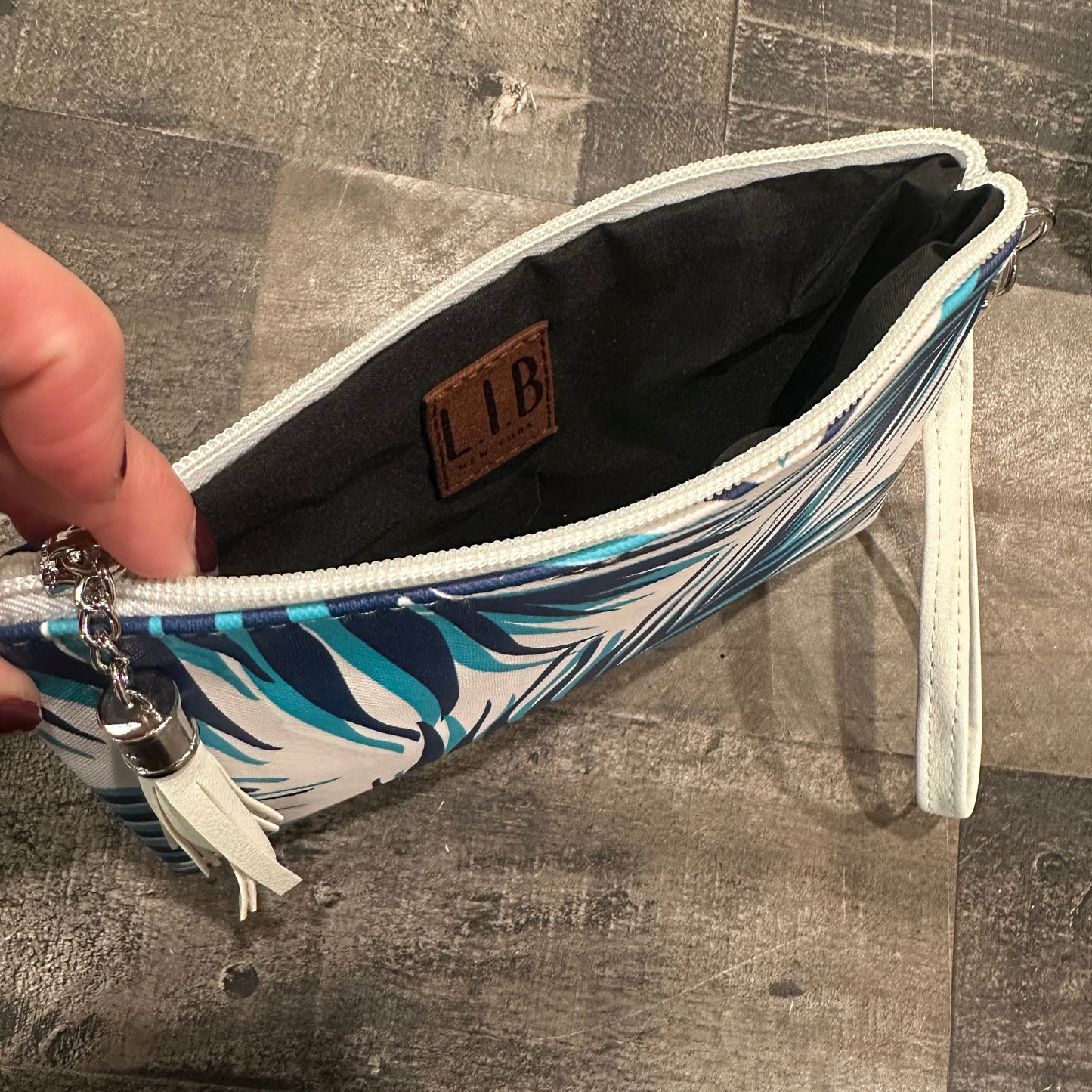 Blue Tropical Leaf Wristlet Pouch