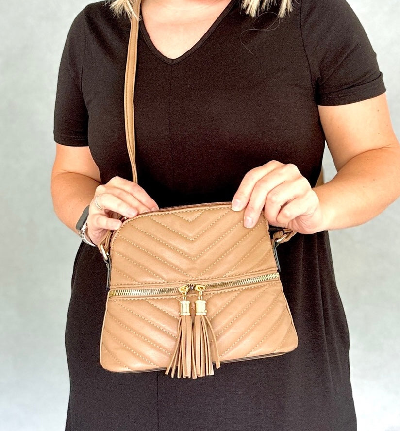 Tassel Crossbody Purse - Taupe