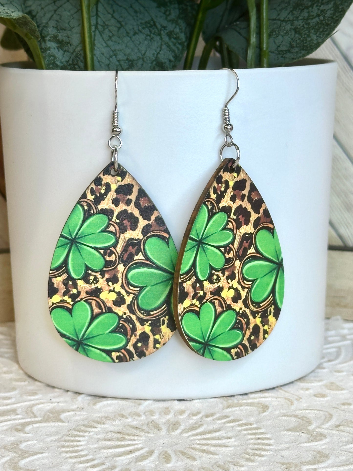 Leopard Shamrock Wooden Teardrop Earrings