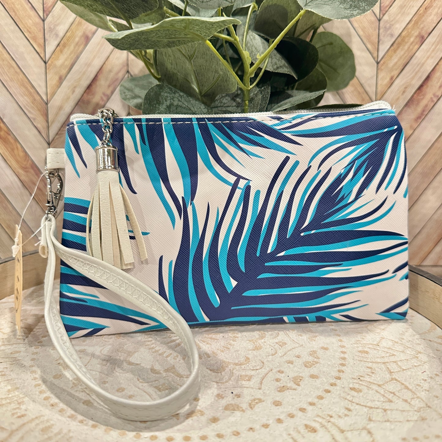 Blue Tropical Leaf Wristlet Pouch