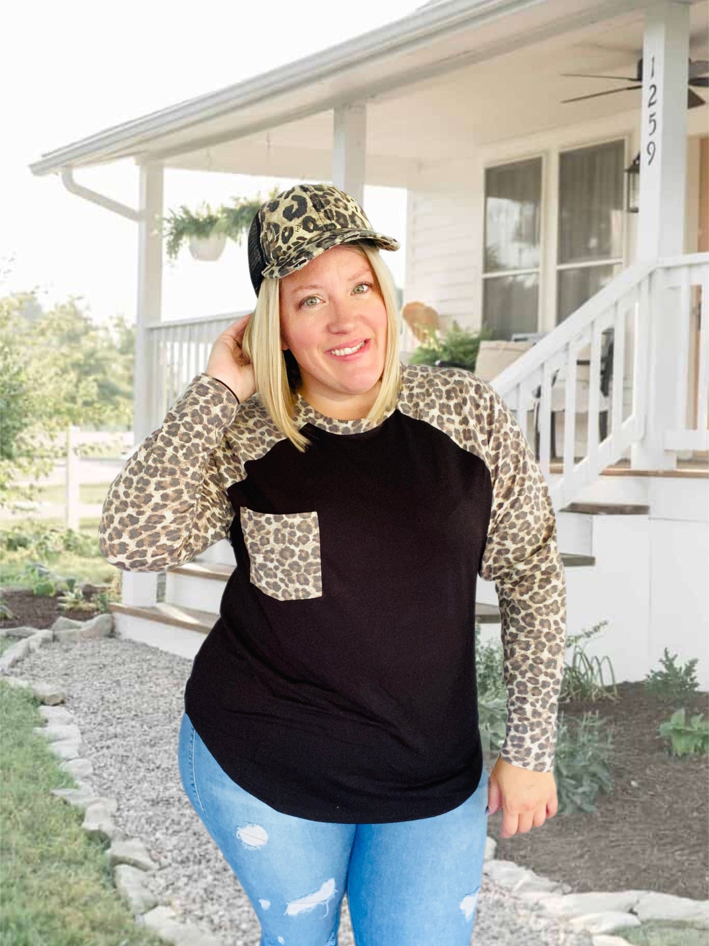 Leopard Raglan Sleeve Top - Black