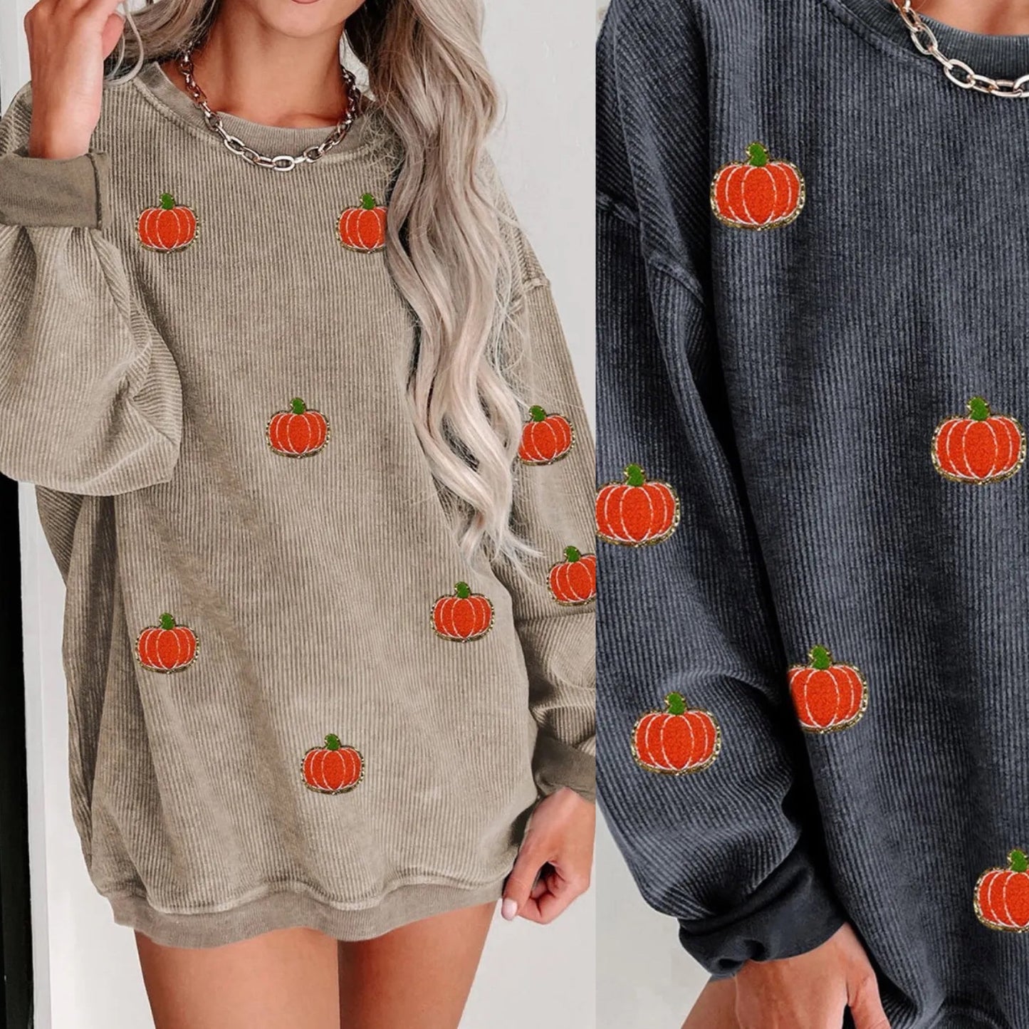 Pumpkin Round Neck Long Sleeve Sweatshirt