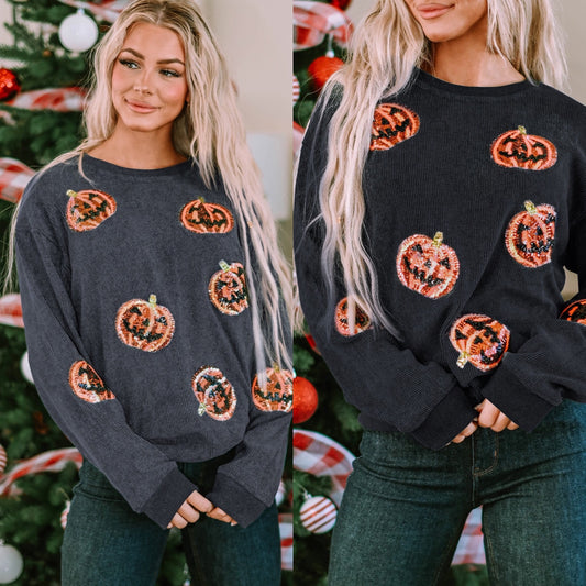 Sequin Patch Pumpkin Round Neck Sweatshirt