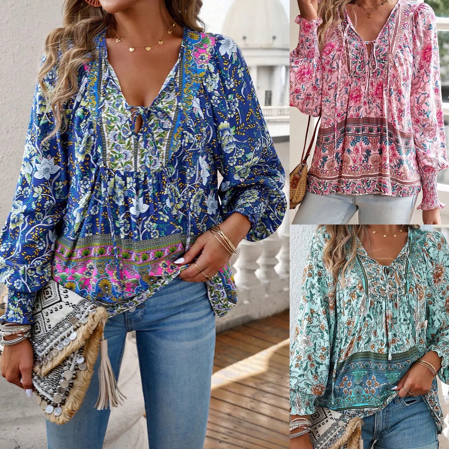 Devine Bohemian Tie Neck Lantern Sleeve Blouse