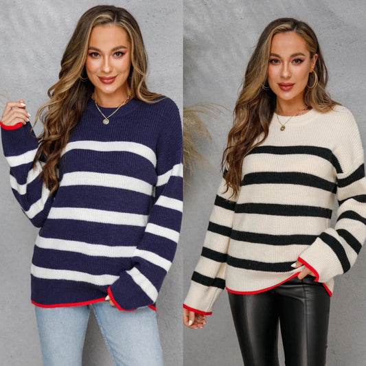 Angel Wings Striped Round Neck Dropped Shoulder Sweater