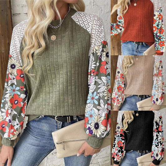 Printed Round Neck Lace Long Sleeve Top