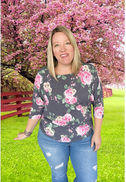 Pink Floral Dolman Sleeve Top