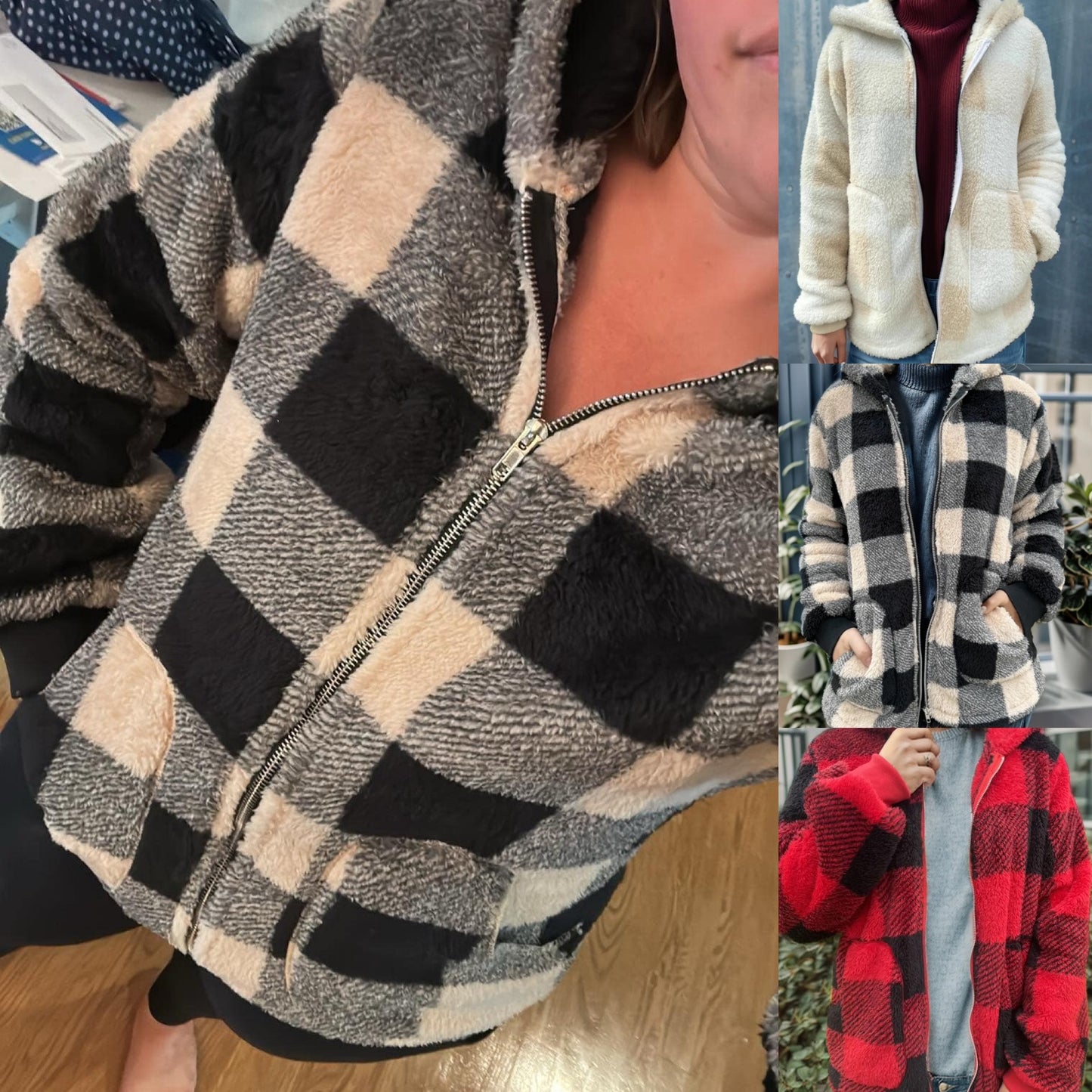 Double Take Full Size Plaid Long Sleeve Hooded Coat