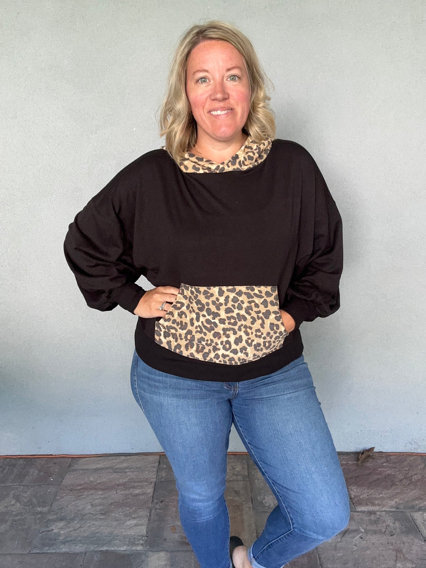 Balloon Sleeve Black Leopard Hoodie