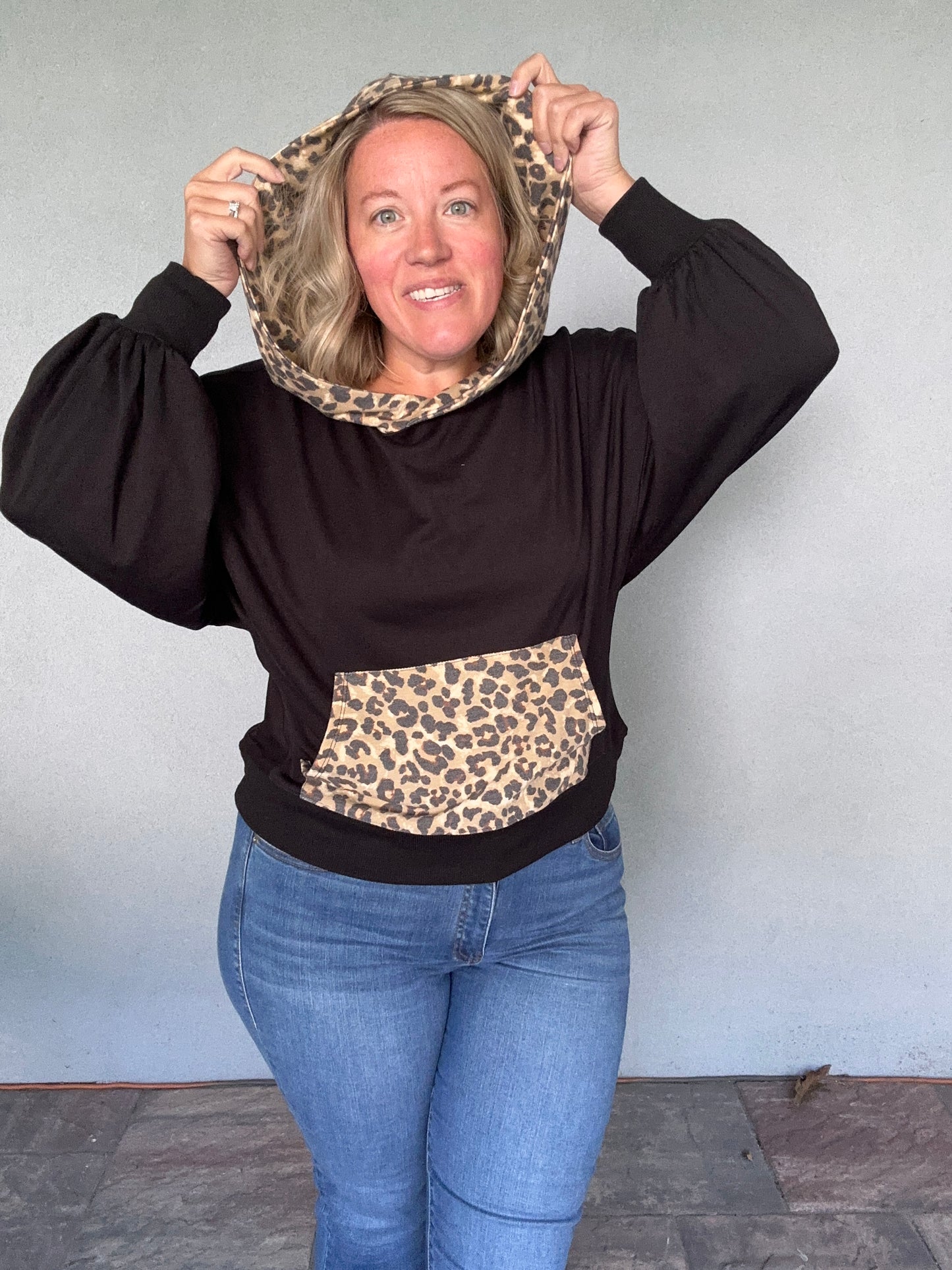 Balloon Sleeve Black Leopard Hoodie