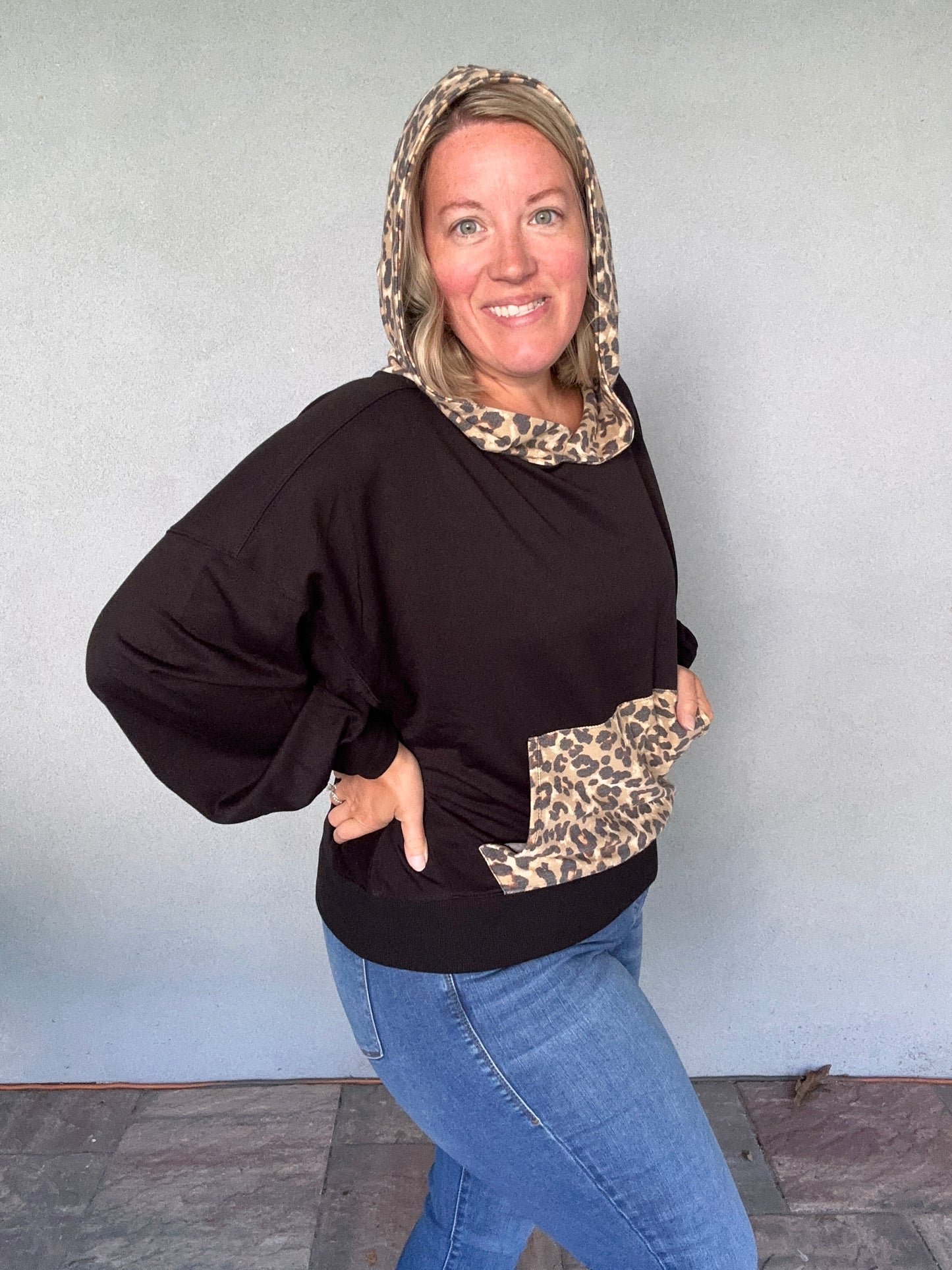 Balloon Sleeve Black Leopard Hoodie