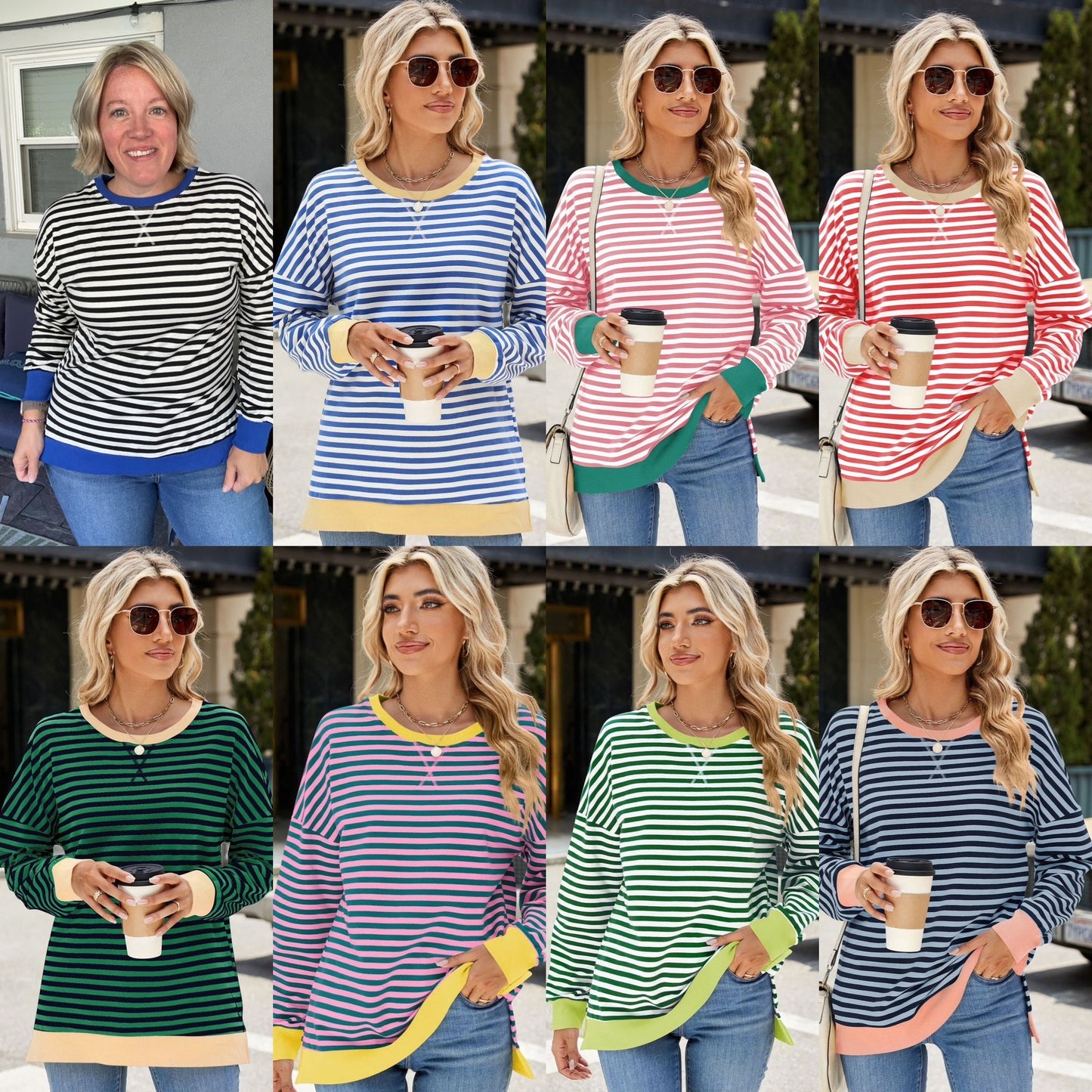 Slit Striped Round Neck Long Sleeve Sweatshirt - more colors!