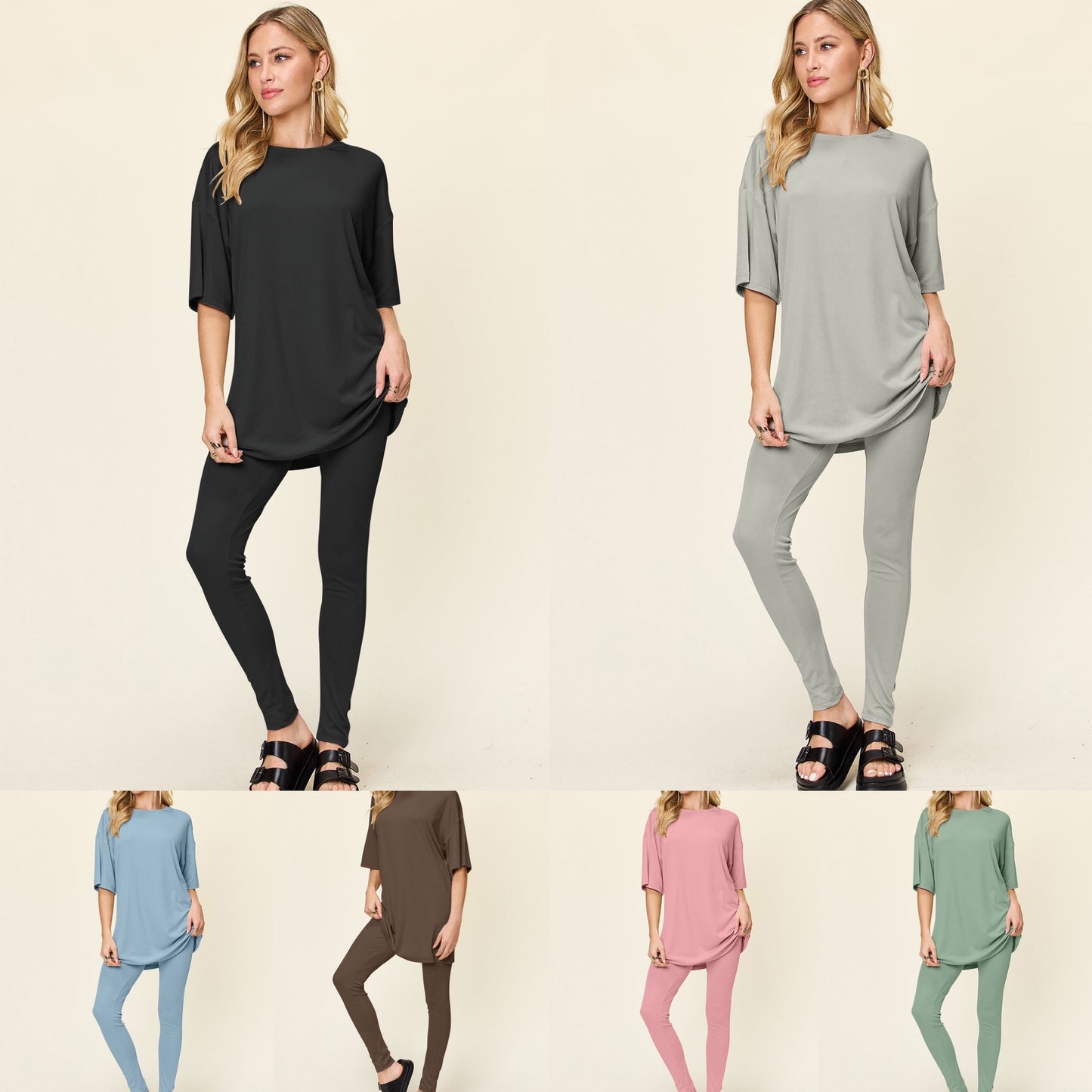 Double Take Full Size Round Neck Dropped Shoulder T-Shirt and Leggings Set