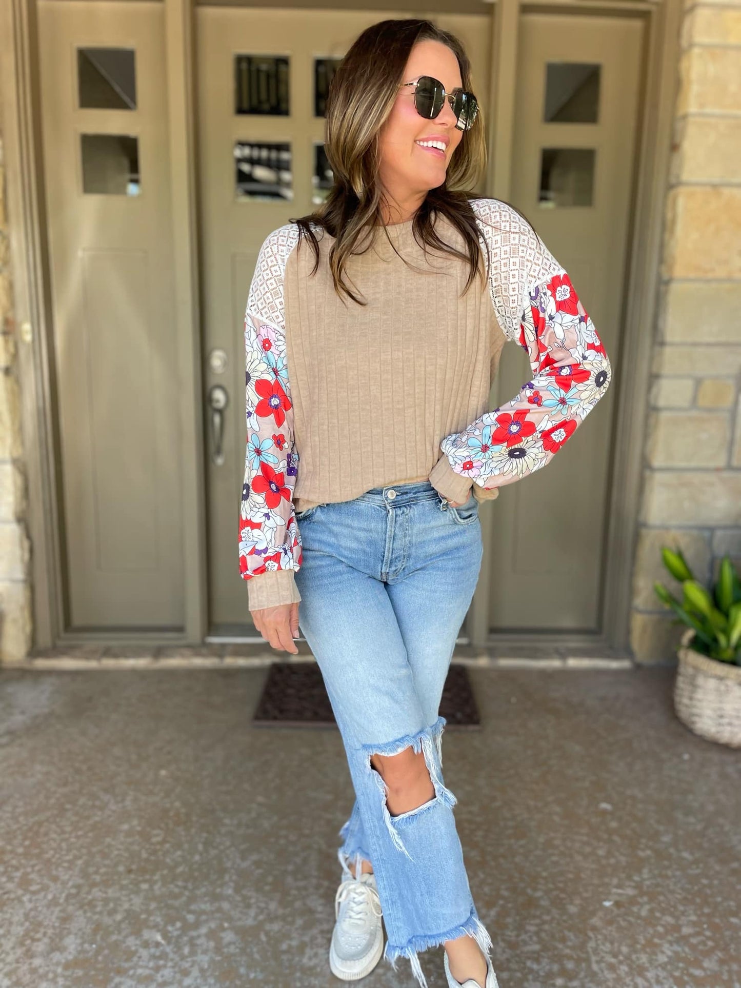 Printed Round Neck Lace Long Sleeve Top