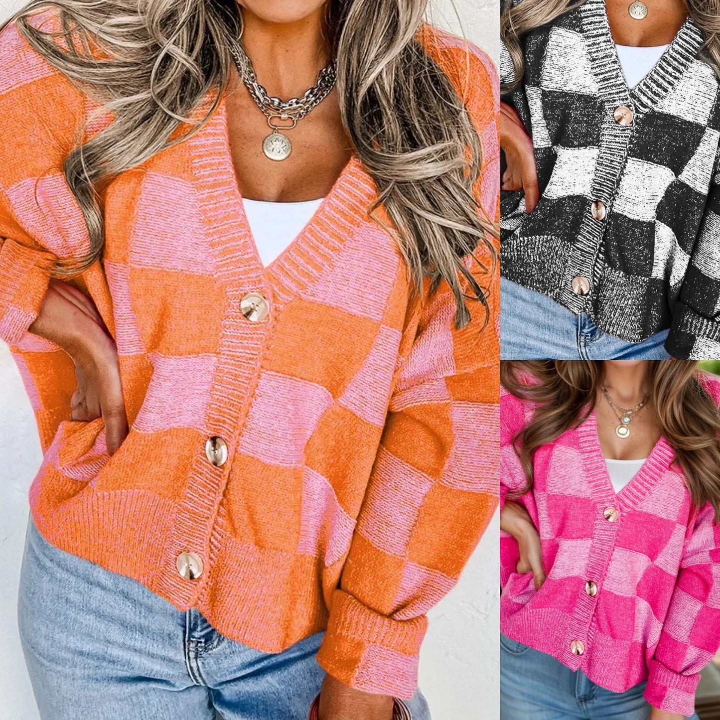 Checkered Button Up Long Sleeve Cardigan