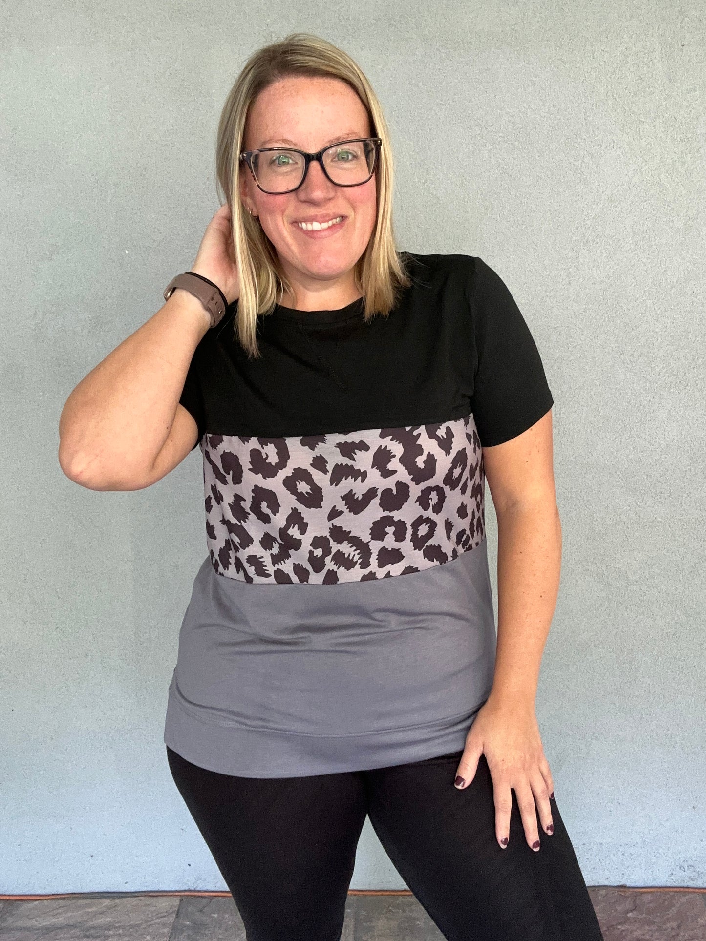 Double Take Leopard Print Color Block Short Sleeve T-Shirt