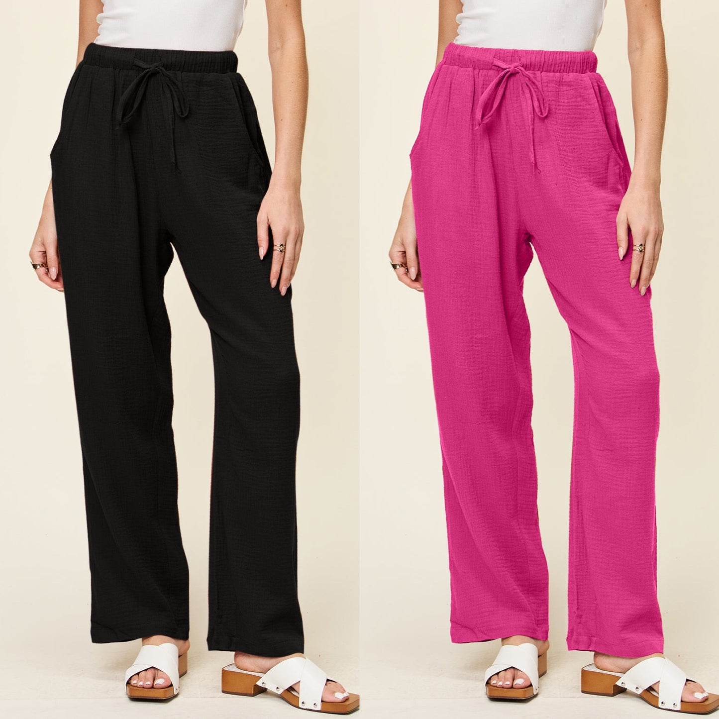 Double Take Full Size Texture Drawstring Straight Pants