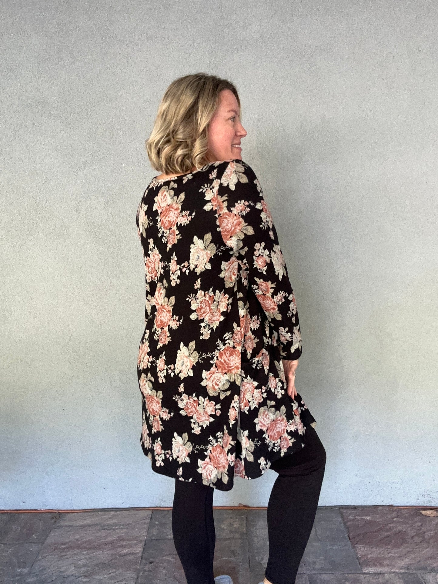 Hacci Floral Knit Tunic Dress with Pockets