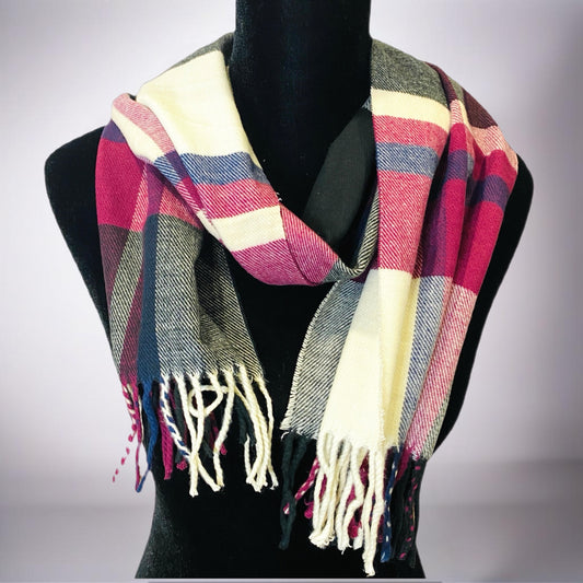 Magenta Plaid Fringe Scarf