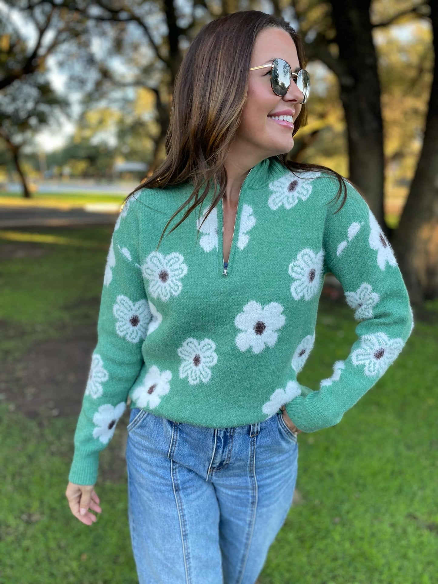 Flower Half Zip Long Sleeve Sweater