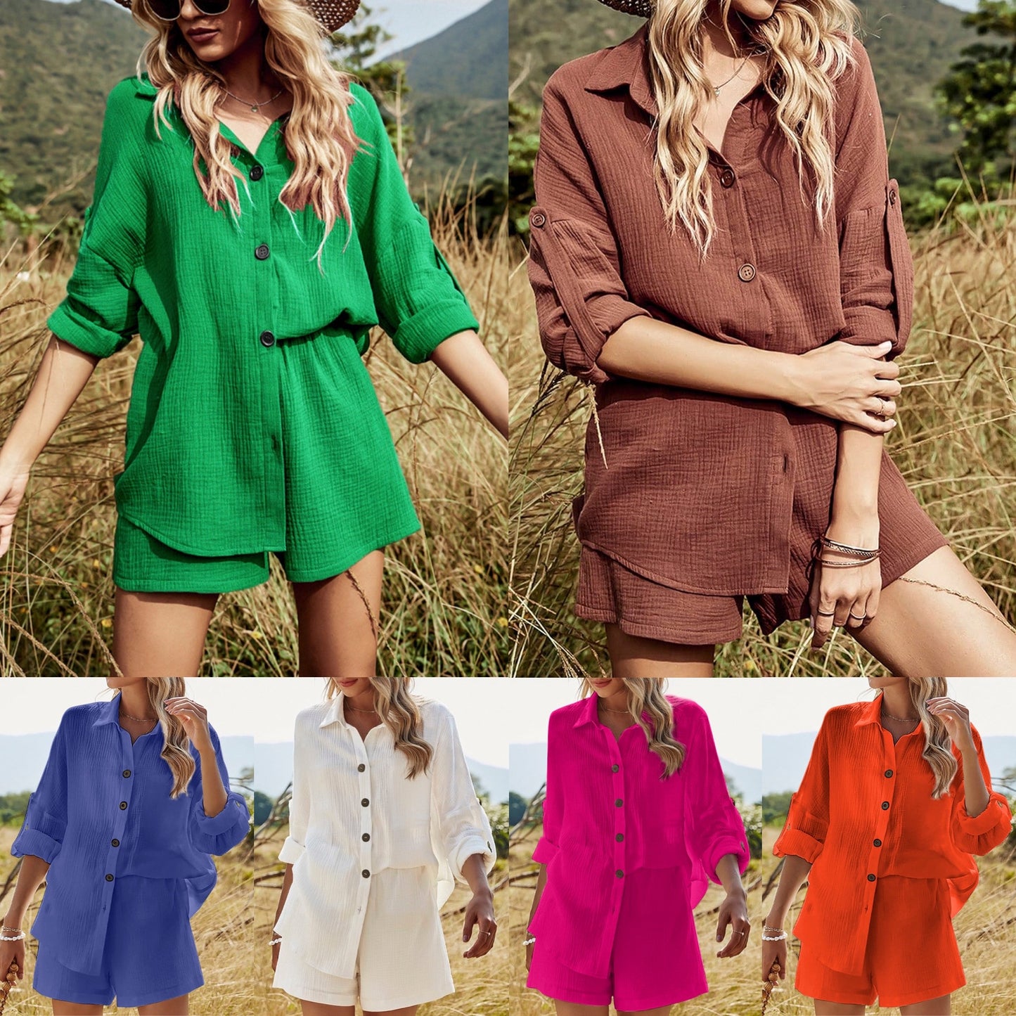 Texture Button Up Shirt and Shorts Set