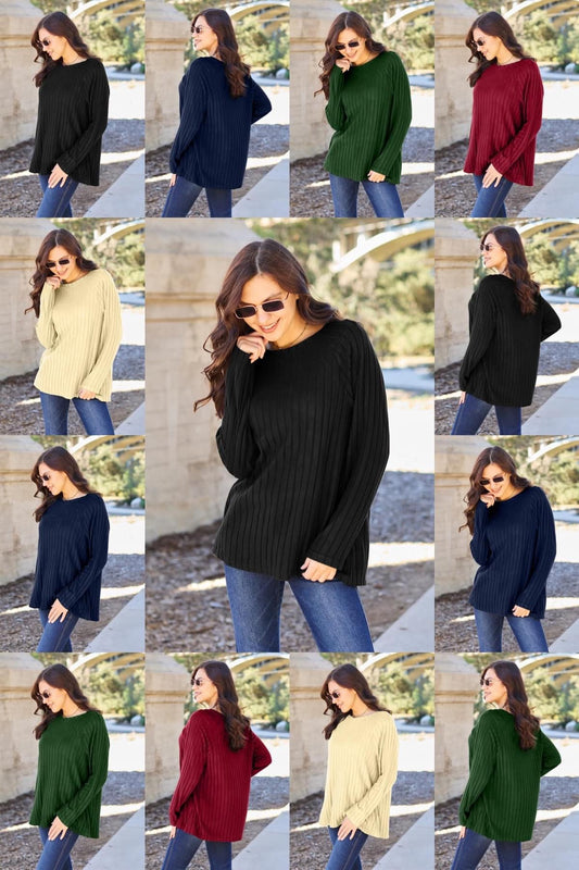 Basic Bae Full Size Ribbed Round Neck Long Sleeve Knit Top