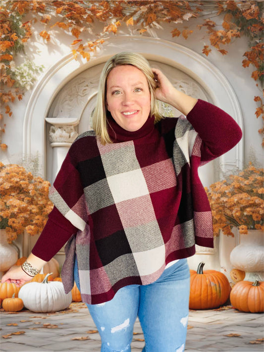 XS Plaid Poncho Sweater - Burgundy